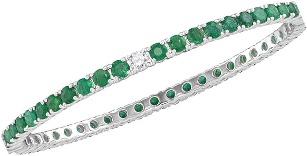 Dazzlingrock Collection 7.58 Carat Natural Emerald and Diamond, White Gold Bangle with Box Chain and Tongue Clasp