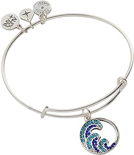 Alex and Ani Argentium Silver Finish Wave Bracelet Charm with Slide Clasp, Path of Symbols Design, No Gemstone, Made in USA