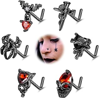 LOREMOW 6PCS 20G Halloween Nose Rings for Women Men Surgical Steel L-Shaped Nose Studs Black Goth Nose Ring Stud Spider Heart Skull Nose Piercing Jewelry