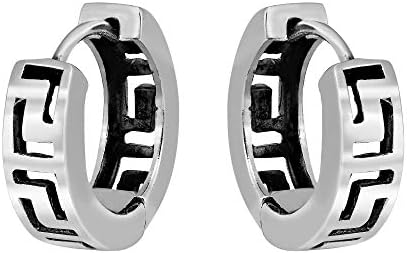 Stylish Greek Key Hoop Earrings with Hinged Hoop Back Finding for Women, Sterling Silver Hoop Design by AeraVida