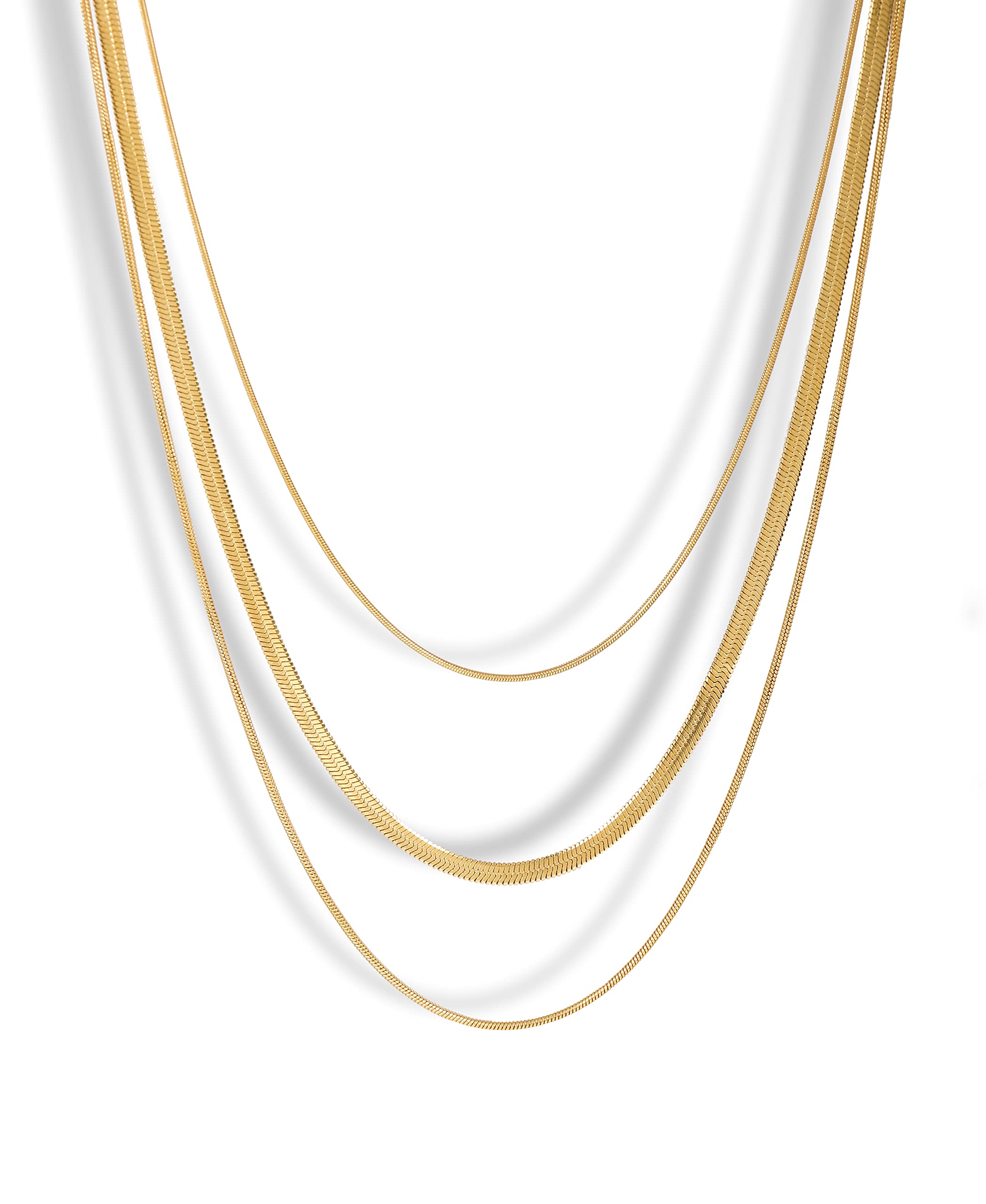 14K Gold Plated Stainless Steel Layered Necklace Set, Flat Snake Chain with Herringbone Figaro Design - Perfect for Women & Girls, includes Secure Lobster Claw Clasp (No Gemstone)
