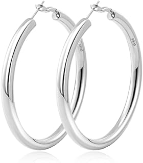 JEEJPV Thick Silver Hoop Earrings S925 Sterling Silver Earrings Hoops Chunky Silver Hoops Hollow Tube Silver Hoop Earrings for Women Hypoallergenic Lightweight Large Big Silver Hoop Earrings 30/40/50/60MM