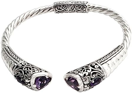 NOVICA Artisan Handmade Amethyst Cuff Bracelet Sterling Silver from Bali Indonesia Gemstone [6.25 in L (end to End) x 0.4 in W] ' Venture'