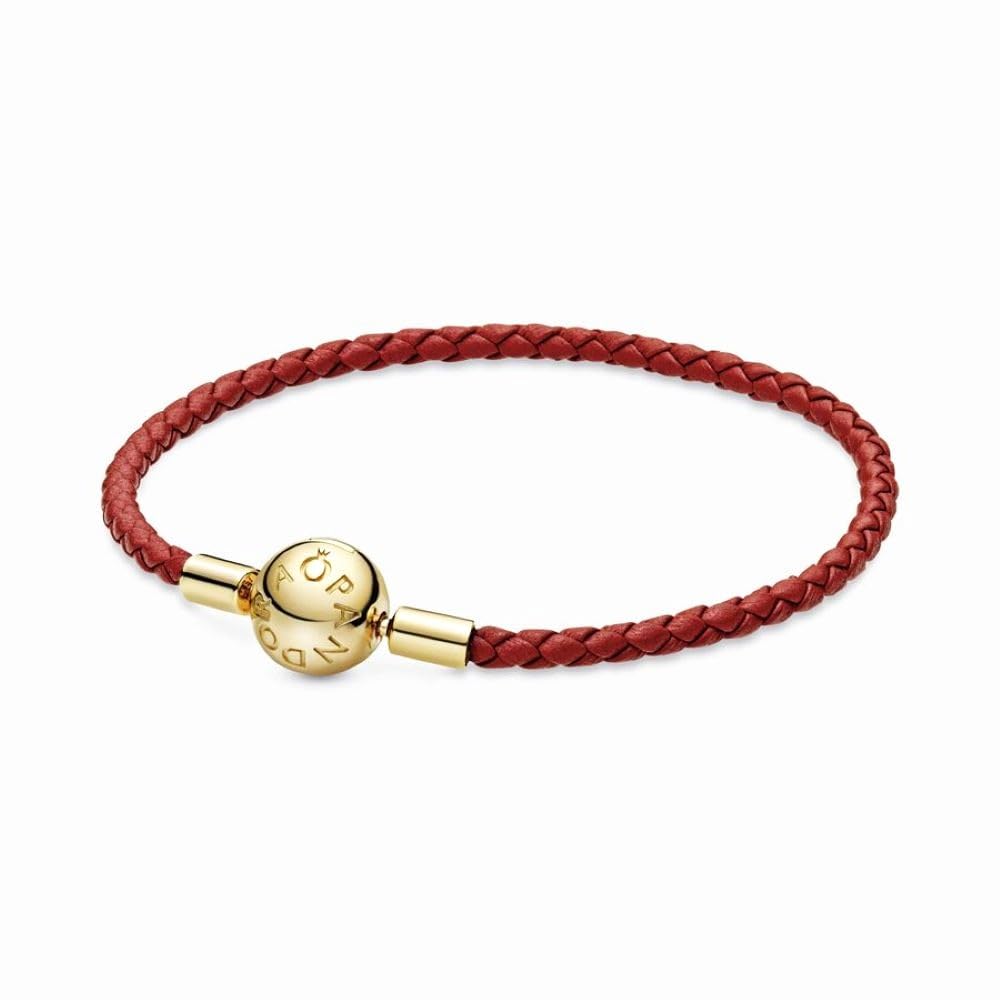 Pandora Moments Woven Leather Bracelet with 18k Gold-Plated Clasp - Compatible Moments Charms - Charm Bracelet for Women - Features Shine & Leather - Gift for Her - Red, With Gift Box