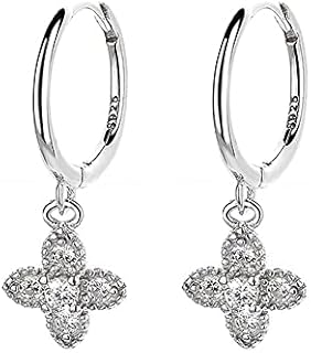 Dainty Cubic Zirconia Flower Dangle Small Hoop Earrings for Women Girls 925 Sterling Silver Diamond Four Leaf Clover Huggie Hoops Cuff Cartilage Piercing Wrap Jewelry