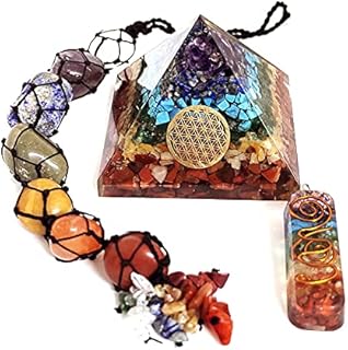 Seven Chakra Orgone Crystal Pyramid With Flower Of Life Symbol, 7 Chakra Car Hanging & Orgone Pendant Necklace Combo For Aura Cleansing, Reiki Spiritual Healing, Energy Generator, Yoga