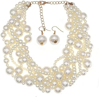 JNF Multi Strand Pearl Necklace for Women Bridal Wedding Pearl Statement Necklace Costume Pearls Necklaces for Ladies Party