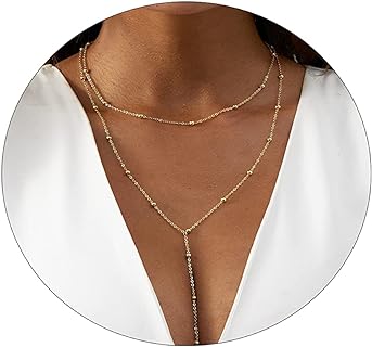 Lobster Clasp 14K Gold Plated Beaded Lariat Necklace with Cubic Zirconia and Cable Chain Design - Fashionable Pendant Necklace for Women, Dainty and Delicate Jewelry Piece