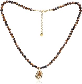 Women's Tiger Eye Beaded Pendant Necklace with Ball Chain & Lobster Clasp - Natural Stone & Stainless Steel Amulet Jewelry Gift