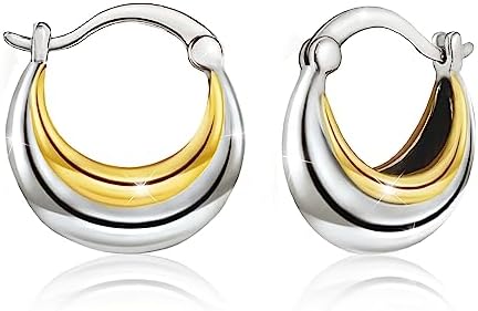 Two Tone Silver Huggie Hoop Earrings with Clip On Back Finding for Women, Lightweight and Hypoallergenic Jewelry Ideal for Teen Girls, Mom, Wife - Perfect Birthday Gift