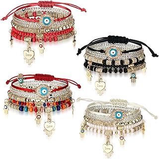 4 Sets Bohemian Stretch Beads Bracelets Multilayer Evil Eye Hamsa Hand Bracelet Bohemian Bracelet Handmade Stackable Charm Bracelets for Women Lucky Protection Beaded Hamsa Bracelet