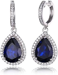 JewelryPalace Luxury Pear Cut 12.4ct Created Blue Sapphire Halo Dangle Earrings for Women, 14k Gold Plated 925 Sterling Silver Earrings, Gemstone Earrings Jewelry Sets