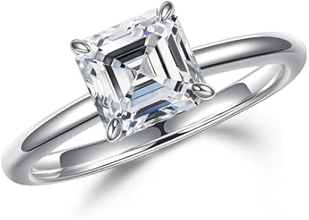 MOOSEA Moissanite Rings for Women, 2ct D Color VVS1 Clarity Asscher Cut Solitaire Lab Created Diamond Ring 14K White Gold Vermeil 925 Sterling Silver Moissanite Engagement Rings for Women Size 4-11