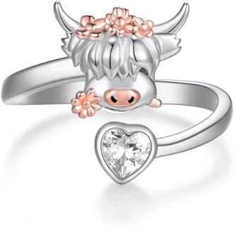 925 Sterling Silver Clasp Highland Cow Engagement Ring with Cubic Zirconia Gem for Women and Girls - Adjustable, Cute Animal Design