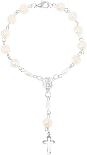 Women's Silver Cross Bangle Bracelet with Bead Chain and Lobster Claw Clasp, Rose Resin & Plastic Crucifix Wristband - Wedding, Religious Hand Jewelry