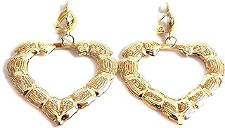Clip-on Earrings Gold Tone Heart Bamboo Hoop Earrings 2 inch Retro Earrings