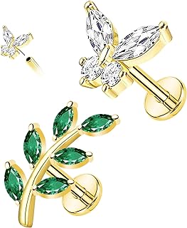 16G 316L Pushin Lip Rings Butterfly Nose Stud Rings Leaf Nose Rings Top Push in Threadless Surgical Steel Flat Back Lobe,Helix, Tragus, Conch Cartilage Earring Studs for Womens