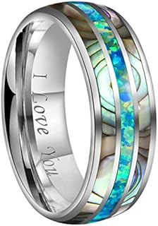 Blue Opal & Abalone Shell Engagement Ring with Tungsten Carbide Inlay and Hypoallergenic Comfort Fit, Unisex Design - Sizes 7 to 17