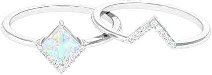 AAA Quality Real Opal Bridal Ring Set with Moissanite, Princess Cut Ethiopian Opal and V Shape Moissanite Ring, Gold Plated Silver, Perfect for Bride, Romantic Design, Size US 5.5