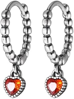 Ladies' Vintage Red Cubic Zirconia Heart Dangle Small Hoop Earrings with Hinged Hoop Back Finding, Crafted in Hypoallergenic 925 Sterling Silver