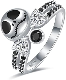 Silver Cubic Zirconia Nightmare Before Christmas Engagement Ring for Women, Heart-Shaped Jack Skellington Design, Sterling Silver