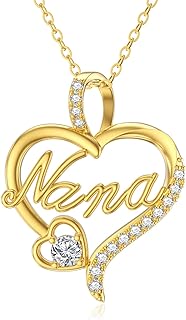 Solid 14K Gold Grandma Nana Necklace Real Gold Grandma and Child Pendant Necklace for Women Love Heart Fine Jewelry Mother's Day Necklace Birthday Anniversary from Daughter, Son, to Mother, Grandma