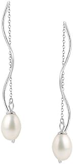 Threader Earrings, Fine Jewelry 925 Sterling Silver Exquisite Cultured Freshwater Pearl Long Tassel Dangle Drop Earrings Hanging Earrings Fashion Chain Earrings for Women Gifts Hypoallergenic