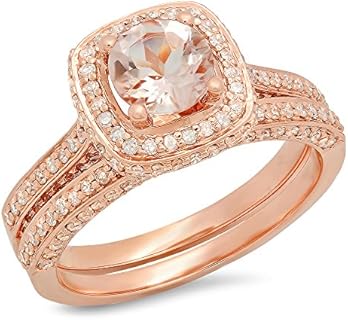 Dazzlingrock Collection 6.2mm Round Morganite & White Diamond Split Shank Halo Engagement Ring Set for Women in 14K Solid Gold