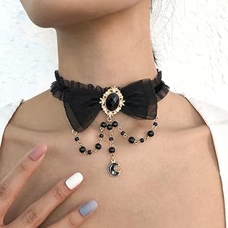 Adorable Lace Bow-knot Choker Necklace with Pearl Moon Design, Cable Chain, Black, Punk-Gothic Style for Women and Girls