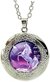Silver Tone Beautiful White Unicorn Horse Locket Pendant Necklace Glass Cabochon Art Picture Jewelry