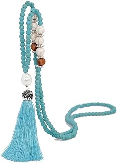 Handcrafted Long Tassel Necklace with Turquoise Pearl Crystal Beads and Cable Chain for Women - Bohemian Inspired Fashion Jewelry
