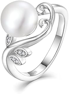Pearl Ring, 925 Sterling Silver Leaf Rings, 9mm White Freshwater Cultured Pearl Rings for Women, Size 5-10