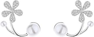 Crymystal Flower Pearl Jacket Earrings for Women Bohn Pearl Earrings Crystal Flower Earrings Pearl Stud Earrings Pearl Front Back Earrings for Teening Girls Jewelry Party Prom