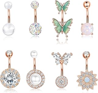 Dochais 8PCS Belly Button Ring, Surgical Steel Belly Rings for Women Stainless Steel Opal Pearl Sparkling CZ Belly Piercing Jewelry Sunflower Butterfly Piercing Jewelry Rose Gold
