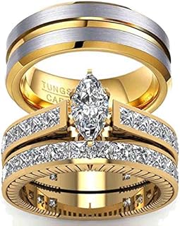 Stainless Steel Liberian Gold Wedding Rings - Three-Stone, Yellow Gold, Princess-Cut Cubic Zirconia - For Couples - Heart Design