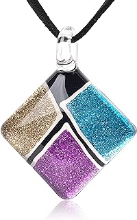 Lobster Clasp, Hand Blown Glass Square Pendant Necklace, 18-Inch Chain, Ideal for Art Enthusiasts
