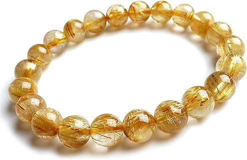 Natural Yellow Gold Rutilated Quartz Crystal Round Bead Bracelet 9mm AAAAA