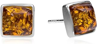 Push-Back Amber Square Stud Earrings in Sterling Silver by Ian and Valeri Co. - Classy Enhancing Accessory for Women