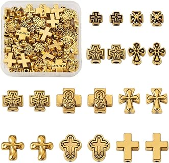 Cheriswelry 100Pcs Tibetan Cross Alloy Beads Antique Golden Crucifix Metal Beads Holy Beads Crafts 10 Styles for Necklace Bracelet Earring Jewelry Making