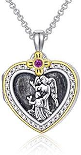 PEIMKO Sterling Silver Personalized Heart Locket Necklace with Cubic Zirconia & Rolo Chain - Holds 2 Photos, Sunflower/Evil Eye/Guardian Angel Designs