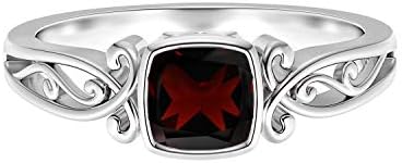 0.75 Ctw Vintage Style 5 MM Cushion Cut Garnet Gemstone 925 Sterling Silver Solitaire,Stackable Filigree Ring