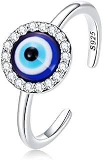 Sterling Silver Blue Evil Eye Adjustable Ring with Cubic Zirconia for Women - Enamel Turkish Greek Design Protection Jewelry Gift