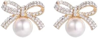 Diamond Dangle Bow Pearl Earrings with Push Back Closure for Women and Girls - Elegant and Sophisticated Design