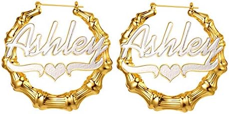 Qitian Gold Bamboo Hoop Name Earrings - 30mm-75mm Size Custom Hoop Rhinestone Earrings Personalized Name Plate Earrings Customize Diamond Name Earrings for Women Girls Fashion Jewelry Gift