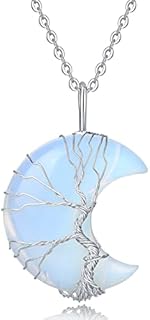 Natural Healing Crystal Necklace for Women Gifts, Tree of Life Wire Wrapped Crescent Moon Stone Pendant Necklaces Boho Reiki Witch Spiritual Gemstone Quartz Jewelry