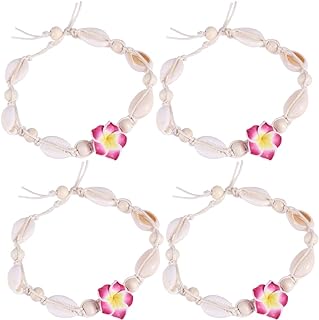 LUOZZY 4 Pcs Hawaiian Hemp Flower Shell Anklet Bracelet Beach Style Adjustable Fashion Ankle Accessory for Women
