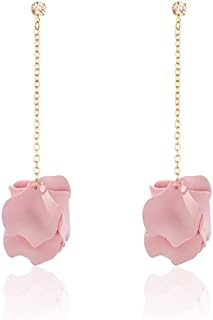 Just Follow Dangle Acrylic Petal Tassel Fringe Chain Earrings Long Drop Rose Flower Statement Earrings for Women and Girls With Box