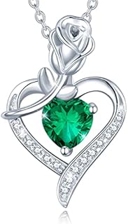 AGVANA Sterling Silver Emerald Birthstone Necklace with Lobster-Claw Clasp and Cable Chain - Women's Heart Pendant with Rose Flower Design