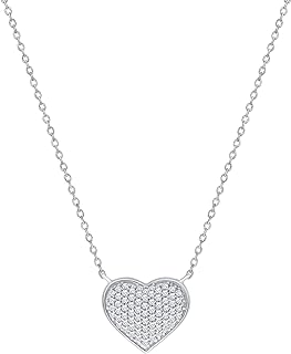 Women's Elmas Heart Pendant Necklace with White Diamond Cluster - 925 Sterling Silver, Lobster Clasp, Cable Chain, Ethically Sourced 1/5ct Round Diamond