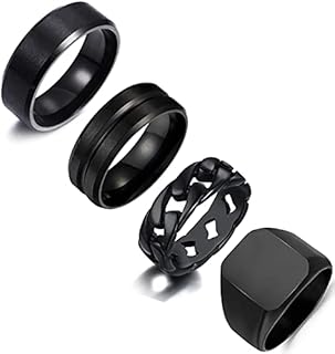 4Pcs Stainless Steel Black Signet Solid Biker Ring For Men Polished Matte Grooved Edges Cuban Link Band Rings Set Size 7-12